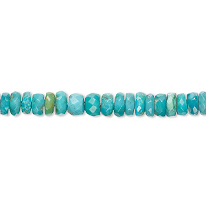 Bead, blue-green turquoise (dyed / stabilized), dark, 4x2mm-7x4mm graduated hand-cut faceted rondelle with 0.4-1.4mm hole, B- grade, Mohs hardness 5 to 6. Sold per 17-inch strand.