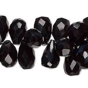 Bead, black onyx (dyed), 11x9mm-19x10mm hand-cut top-drilled faceted teardrop with 0.4-1.4mm hole, B grade, Mohs hardness 6-1/2 to 7. Sold per 8-inch strand, approximately 50 beads.