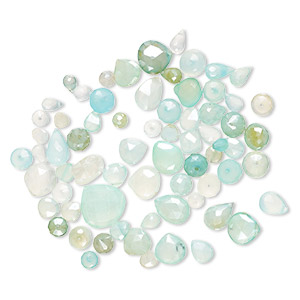 Bead mix, blue chalcedony and green chalcedony (dyed / coated), light to medium, 5x3mm-15mm hand-cut top- and center-drilled faceted mixed shapes with 0.4-1.4mm hole, C+ grade, Mohs hardness 6-1/2 to 7. Sold per 1-ounce pkg, approximately 60-70 beads.