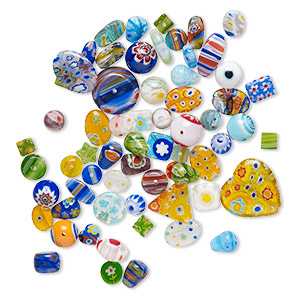 Bead mix, millefiori glass, opaque to transparent multicolored, 6-22mm mixed shapes with 0.4-0.6mm hole. Sold per 2-ounce pkg, approximately 60-65 beads.