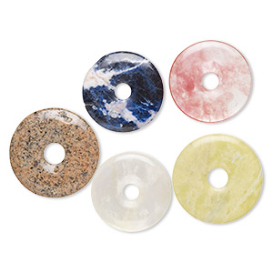Focal mix, multi-gemstone (natural / dyed) and glass, mixed colors, 35-45mm donut, Mohs hardness 3 to 7. Sold per pkg of 5.