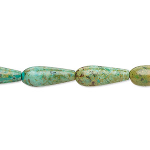 Bead, turquoise (dyed / stabilized), green-brown, 15x6mm-16x6mm teardrop with 0.8-1.1mm hole, C- grade, Mohs hardness 5 to 6. Sold per 15-1/2&quot; to 16&quot; strand.