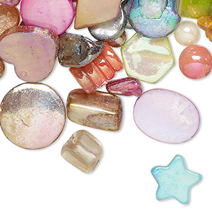 Bead mix, mother-of-pearl shell (natural / bleached / dyed), mixed colors, 4mm-20x16mm mixed shapes with 0.6-0.8mm hole, Mohs hardness 3-1/2. Sold per 2-ounce pkg, approximately 95 beads.