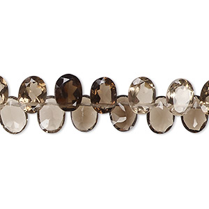 Bead, smoky quartz (heated / irradiated), light to medium, 7x6mm-8x6mm hand-cut top-drilled faceted puffed oval with flat side, B+ grade, Mohs hardness 7. Sold per 14-inch strand, approximately 95 beads.