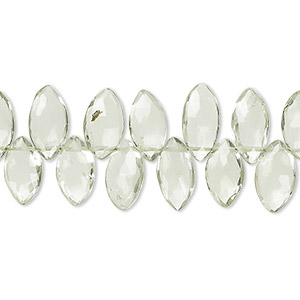 Bead, green quartz (heated), light, 9x5mm-11x6mm hand-cut top-drilled faceted puffed marquise, B+ grade, Mohs hardness 7. Sold per 8-inch strand, approximately 55 beads.