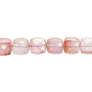 Bead, quartz crystal (coated), light to dark pink and peach, 7x6mm-8mm hand-cut faceted cube, B grade, Mohs hardness 7. Sold per 7-inch strand, approximately 25 beads.