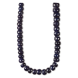 Bead, blue sapphire (dyed), dark, 11x7mm-17x11mm graduated hand-cut faceted rondelle, C grade, Mohs hardness 9. Sold per 14-inch strand, approximately 35 beads.