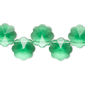 Bead, glass, translucent emerald green, 12mm top-drilled flower. Sold per 15-inch strand, approximately 40 beads.