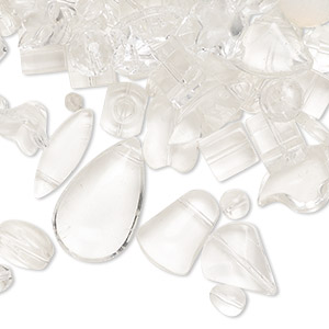 Bead mix, glass, clear, 5mm-30x19mm mixed shapes. Sold per 1/4-pound pkg, approximately 90 beads.