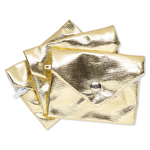 Pouch, metallic nylon, gold, 3x2-1/2-inches with snap and zipper. Sold per pkg of 3.