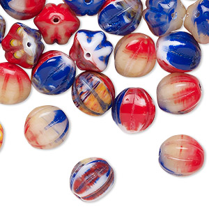 Bead, Czech pressed glass, opaque multicolored, 10mm corrugated round. Sold per 2-ounce pkg, approximately 55 beads.
