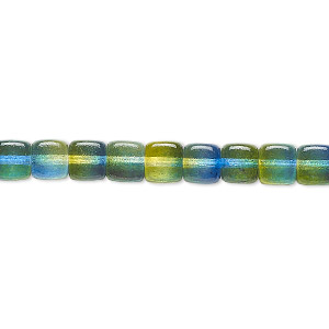 Bead, Czech pressed glass, translucent blue / green / yellow, 5mm cube. Sold per 20-inch strand, approximately 100 beads.