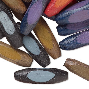 Bead mix, wood (dyed/waxed), mixed colors, 26x7mm 4-sided oval. Sold per 1-ounce pkg, approximately 51 beads.