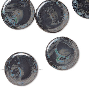 Bead, Czech pressed glass, opaque light blue, black and grey, 17mm flat round with swirl pattern. Sold per 2-ounce pkg, approximately 29 beads.