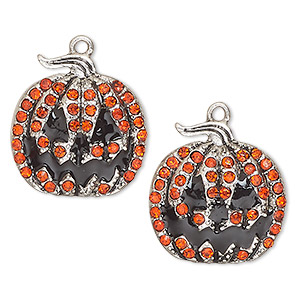 Charm, antique silver-finished enamel &quot;pewter&quot; (zinc-based alloy) and glass, orange and black, 24x23mm single-sided jack-o-lantern. Sold per pkg of 2.