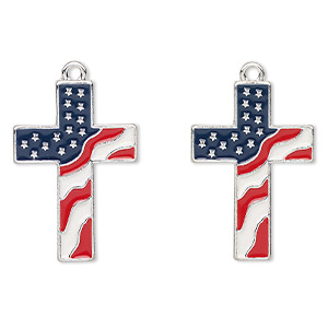 Focal, antique silver-finished enamel &quot;pewter&quot; (zinc-based alloy), red / white / blue, 31x21mm cross with American flag. Sold per pkg of 2.