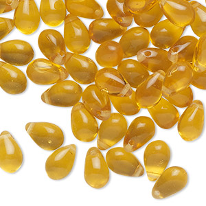 Bead, glass, translucent golden yellow, 9x6mm top-drilled teardrop. Sold per 1-ounce pkg, approximately 85 beads.