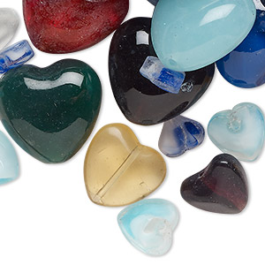 Bead mix, lampworked glass, opaque and translucent mixed colors, 8-18mm puffed heart. Sold per 4-ounce pkg, approximately 60 beads.