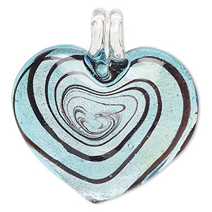 Focal, lampworked glass, opaque, 52x49mm-53x50mm heart with silver-colored foil and swirl design. Sold individually.