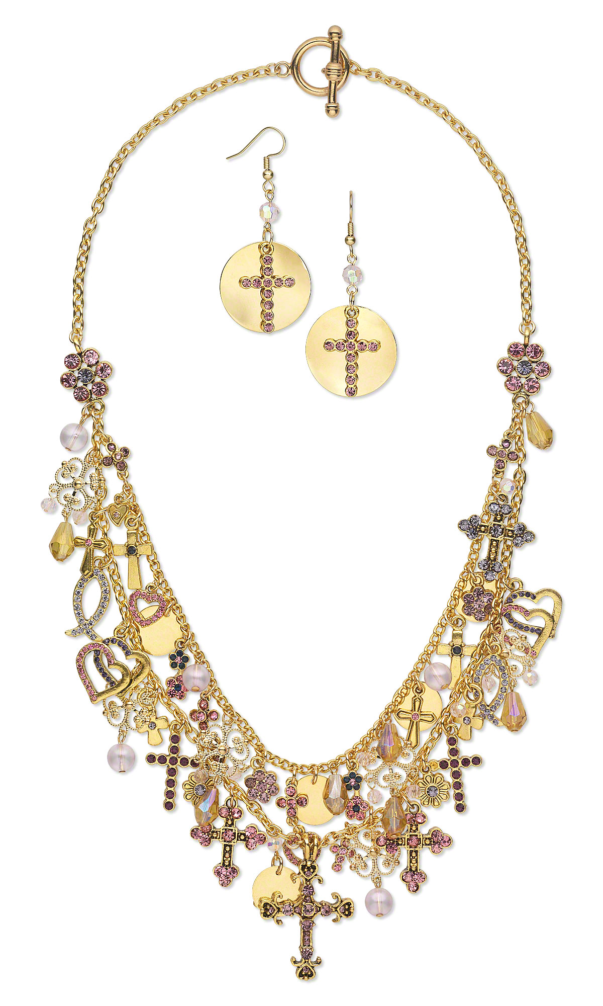 Jewelry Design - Double-Strand Necklace and Earring Set Antiqued Gold ...