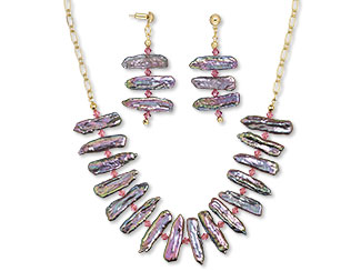 Green Glass Beaded Necklace w/Cloisonne Tropical Fish/Flower Pendant Earrings Tropical Pink Copper & Rose w/Copper Sparkles Bracelet