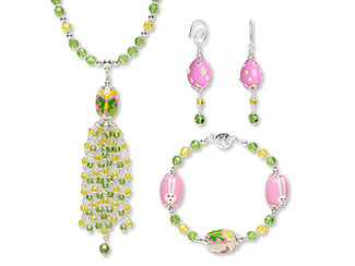 Earrings Green Glass Beaded Necklace w/Cloisonne Tropical Fish/Flower Pendant Tropical Pink Copper & Rose w/Copper Sparkles Bracelet