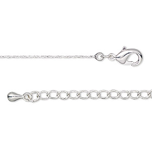 Chain, silver-plated brass, 1.5mm cable, 18 inches with 1-inch extender ...
