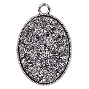 Focal, &quot;druzy&quot; (acrylic) Imitation) and antique silver finished &quot;pewter&quot; (zinc-based alloy), silver, 42x32mm single-sided oval. Sold individually.