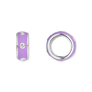 Bead, Dione&reg;, enamel / crystals / silver-plated &quot;pewter&quot; (zinc-based alloy), lavender and crystal clear, 14x5.5mm rondelle with 9.5mm hole. Sold individually.