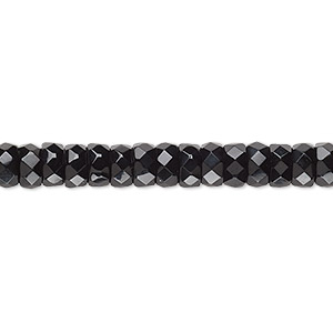 Bead, Czech fire-polished glass, jet black, 6x3mm faceted rondelle. Sold per 15-1/2&quot; to 16&quot; strand.