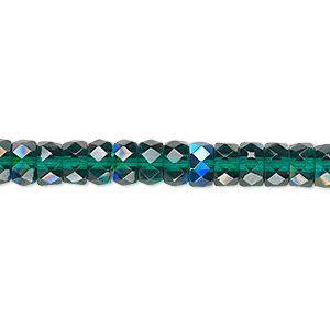 Bead, Czech fire-polished glass, emerald green AB, 6x3mm faceted rondelle. Sold per 15-1/2&quot; to 16&quot; strand.