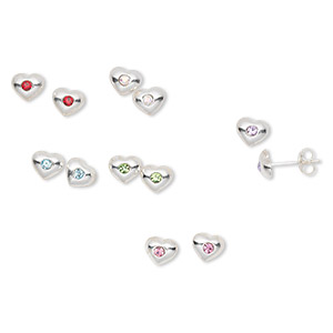Earstud, Create Compliments&reg;, sterling silver and crystals, assorted colors, 6x5mm heart with post. Sold per pkg of 6 pairs.