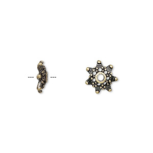 Bead cap, antique brass-finished &quot;pewter&quot; (zinc-based alloy), 10x3mm snowflake, fits 8-12mm bead. Sold per pkg of 24.