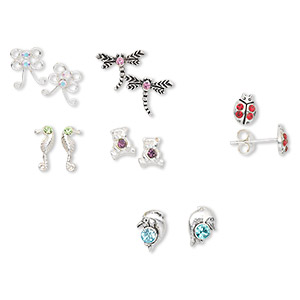 Earstud, Create Compliments&reg;, sterling silver and crystals, assorted colors, 6x4mm-11x9mm assorted shape with post. Sold per pkg of 6 pairs.