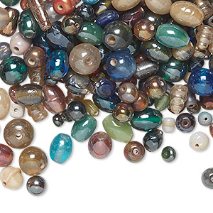 Bead mix, lampworked glass and pressed glass, mixed colors with luster finish, 4mm-22x15mm mixed shape. Sold per 1/4 kilogram pkg, approximately 450-500 beads.