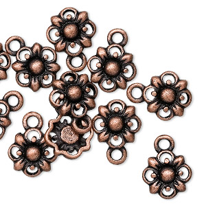 Charm, antique copper-finished &quot;pewter&quot; (zinc-based alloy), 10.5x10.5mm flower. Sold per pkg of 10.