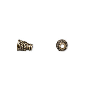 Cone, antique brass-finished &quot;pewter&quot; (zinc-based alloy), 7x5mm with pattern, fits 4mm bead. Sold per pkg of 24.