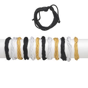 Bracelet, waxed cotton cord, white / black / yellow, 18mm wide, adjustable from 6 to 8-1/2 inches with knot closure. Sold per pkg of 12.