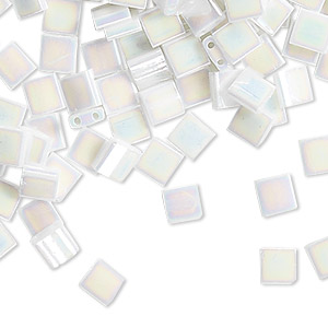 Bead, Miyuki, TILA&reg;, glass, opaque white pearl AB, (TL471), 5mm square with (2) 0.8mm holes, fits up to 3mm beads. Sold per 10-gram pkg.