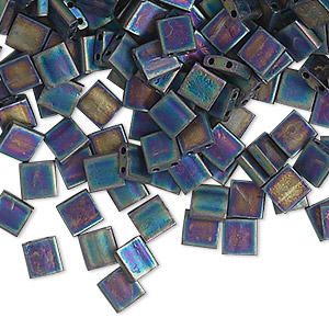 Bead, Miyuki, TILA&reg;, glass, opaque matte black AB, (TL401FR), 5mm square with (2) 0.8mm holes, fits up to 3mm beads. Sold per 10-gram pkg.