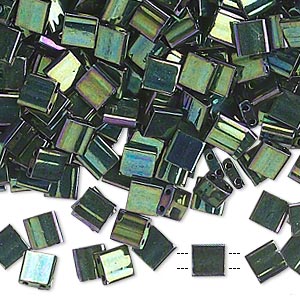Bead, Miyuki, TILA&reg;, glass, opaque metallic malachite green, (TL468), 5mm square with (2) 0.8mm holes, fits up to 3mm beads. Sold per 10-gram pkg.