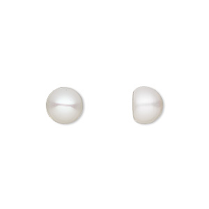 Pearl, White Lotus&#153;, cultured freshwater (bleached), white, 8mm half-drilled button, B grade, Mohs hardness 2-1/2 to 4. Sold per pair.