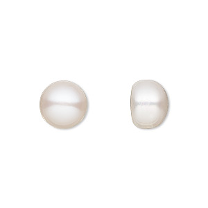 Pearl, White Lotus&#153;, cultured freshwater (bleached), white, 10mm half-drilled button, B grade, Mohs hardness 2-1/2 to 4. Sold per pair.