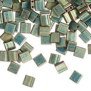 Bead, Miyuki, TILA&reg;, glass, opaque matte metallic iris green patina, (TL2008), 5mm square with (2) 0.8mm holes, fits up to 3mm beads. Sold per 10-gram pkg.
