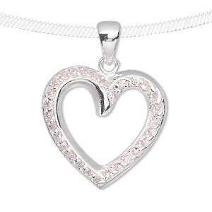 Pendant, sterling silver and cubic zirconia, pink, 25mm single-sided open heart. Sold individually.
