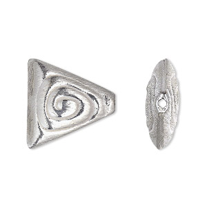 Bead, silver-plated copper, 20x20x19mm double-sided brushed puffed triangle with spiral design. Sold per pkg of 4.