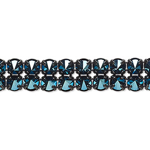 Banding, Preciosa Czech crystal / cotton cord / black-plated steel, crystal blue flare and opaque black, 2 rows, 10mm wide with 5mm spike. Sold per 3-foot section.