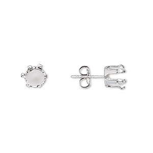Earstud, Snap-Tite&reg;, sterling silver, 6mm 6-prong round setting. Sold per pair.