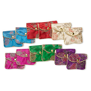 Pouch mix, rayon, mixed colors, 3 x 2-1/2 inch brocade. Sold per pkg of 12.