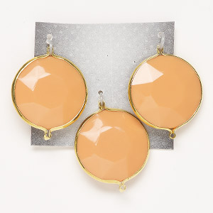 Link, glass and gold-finished &quot;pewter&quot; (zinc-based alloy), opaque peach, 25mm double-sided faceted round. Sold per pkg of 3.